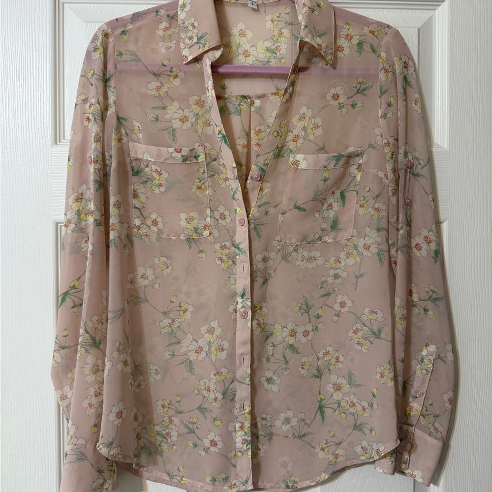 Express Floral Sheer Button Down Shirt - Pink and White